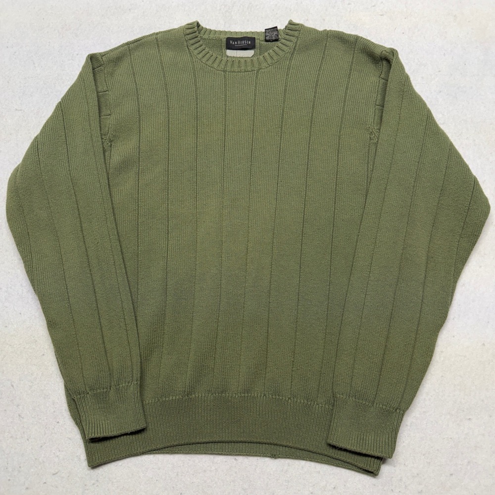 Vintage Van Heusen Olive Green Ribbed Knit Sweater Mens‎ Large 90s Y2K Boxy Fit
